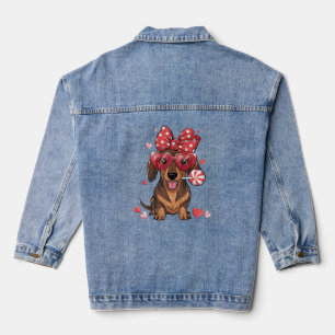 Adorable Dachshund In Heart Glasses And Polka Dot Denim Jacket