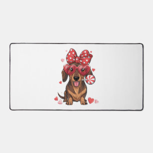 Adorable Dachshund In Heart Glasses And Polka Dot Desk Mat