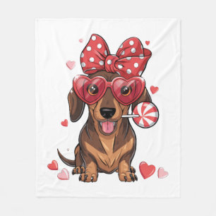Adorable Dachshund In Heart Glasses And Polka Dot Fleece Blanket