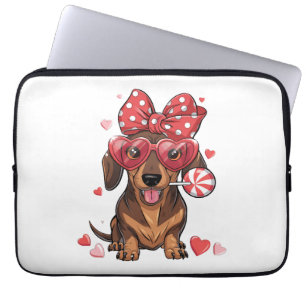 Adorable Dachshund In Heart Glasses And Polka Dot Laptop Sleeve