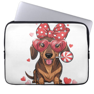 Adorable Dachshund In Heart Glasses And Polka Dot Laptop Sleeve