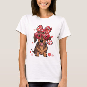 Adorable Dachshund In Heart Glasses And Polka Dot T-Shirt