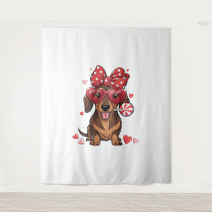 Adorable Dachshund In Heart Glasses And Polka Dot Tapestry