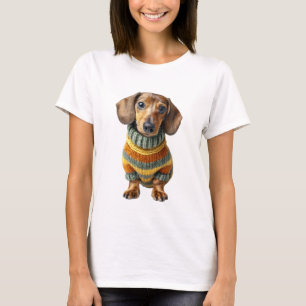 Adorable Dachshund Puppy in Striped Knitted T-Shirt