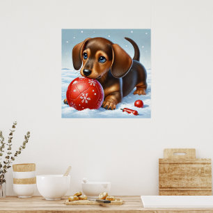 Adorable Dachshund Puppy Playing In The Snow Poster
