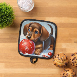 Adorable Dachshund Puppy Playing With Red Ball Pot Holder