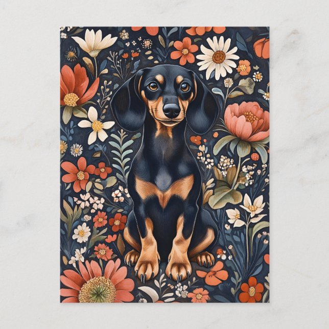 Adorable Dachshund Surrounded By Vibrant Flowers Postcard (Front)