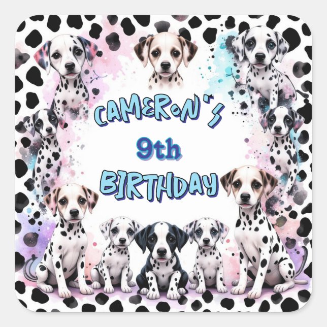 Adorable Dalmatian Puppy Watercolor Birthday  Square Sticker (Front)