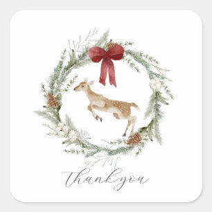 Adorable Deer Christmas Wreath Red Bow Thank You Square Sticker