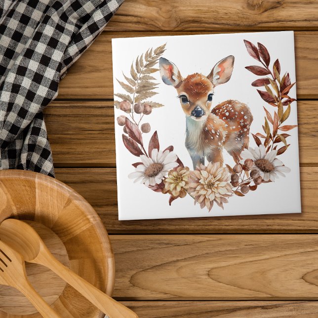Adorable Deer Fawn Autumn Wreath Ceramic Tile (Creator Uploaded)