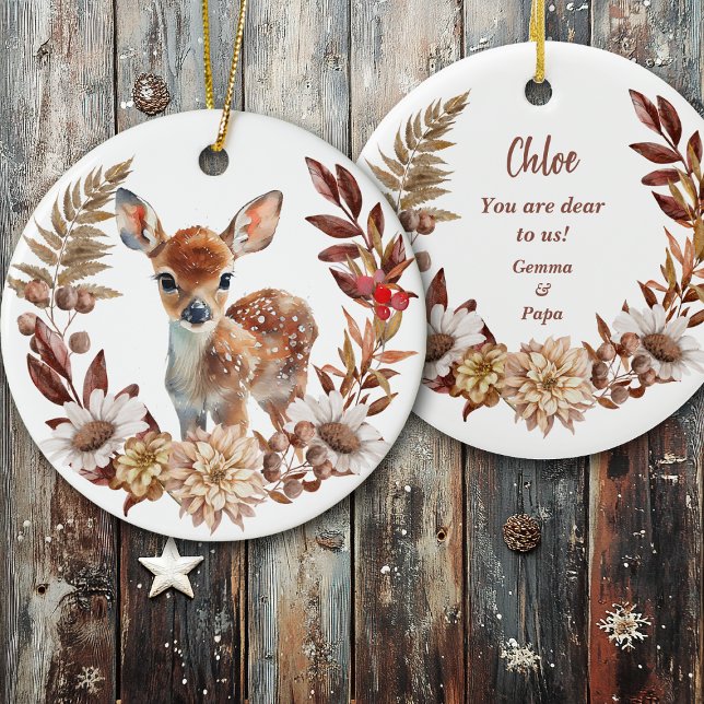 Adorable Deer Fawn Wreath Granddaughter Ceramic Ornament (Creator Uploaded)