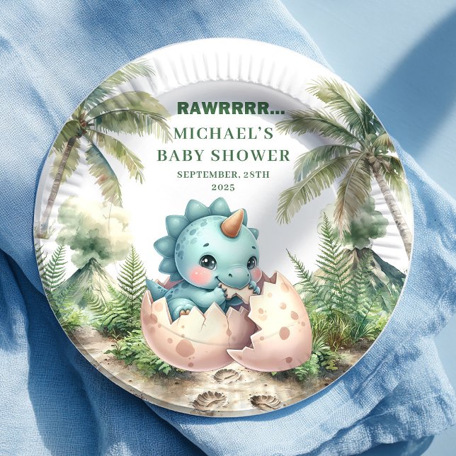 Adorable Dino Egg Baby Shower Hatching Soon Plates (Adorable Dino Egg Baby Shower Hatching Soon Plates)
