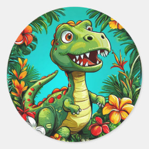 Adorable Dinosaur Surrounded by Colourful Flowers Classic Round Sticker