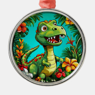 Adorable Dinosaur Surrounded by Colourful Flowers Metal Ornament