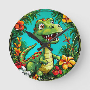 Adorable Dinosaur Surrounded by Colourful Flowers Round Clock