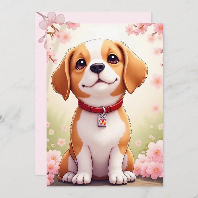 Adorable dog and blossoms Flat Holiday Card (Front/Back)