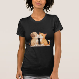 Adorable Dog And Cat Cartoon Pet Portrait T-Shirt