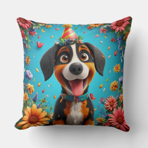 Adorable Dog Celebrating Birthday party Cushion