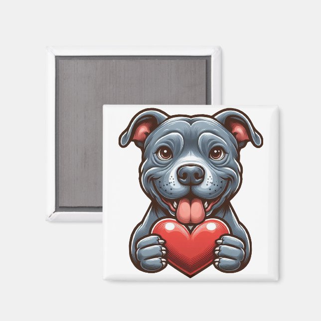 Adorable Dog Embracing Heart with Happy Expression Magnet (Front/Back)