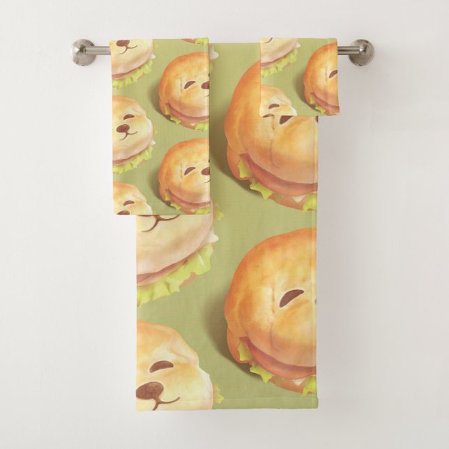 Adorable Dog Face Burger Pattern Bath Towel Set (Insitu)