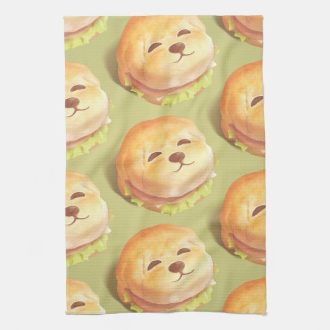 Adorable Dog Face Burger Pattern Tea Towel (Vertical)