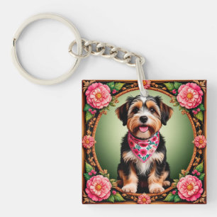 Adorable Dog Framed by Colorful Flowers Key Ring