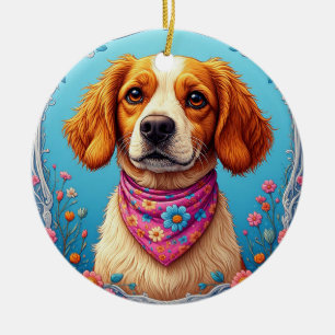 Adorable Dog Framed by Colourful Flowers Ceramic Ornament