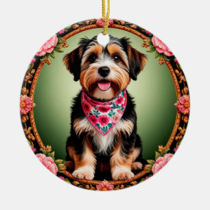 Adorable Dog Framed by Colourful Flowers Ceramic Ornament