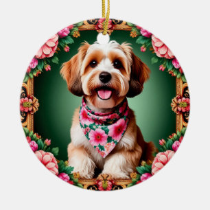 Adorable Dog Framed by Colourful Flowers Ceramic Ornament