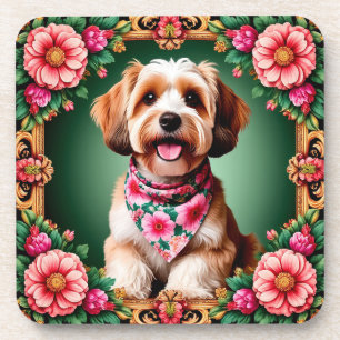 Adorable Dog Framed by Colourful Flowers Coaster