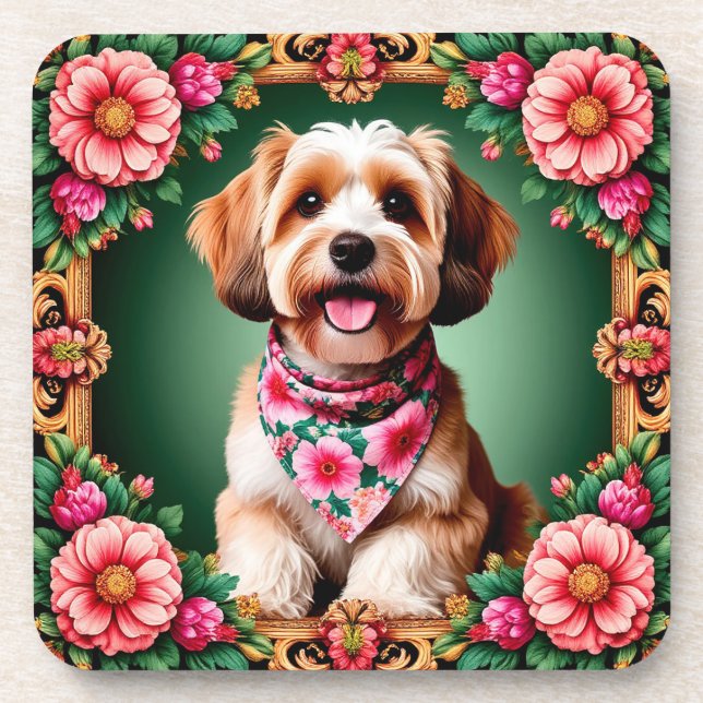 Adorable Dog Framed by Colourful Flowers Coaster (Front)