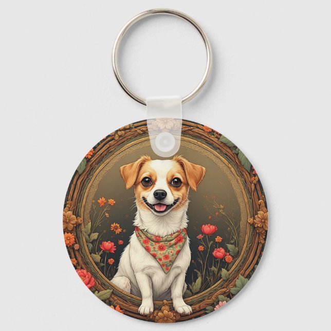 Adorable Dog Framed by Colourful Flowers Key Ring (Front)