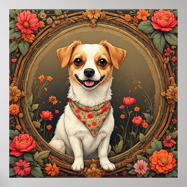 Adorable Dog Framed by Colourful Flowers Poster (Front)