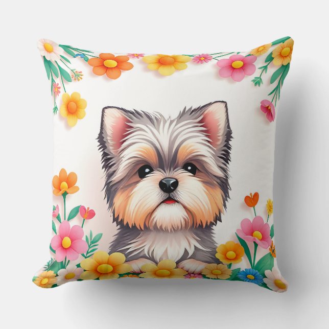 Adorable Dog Framed by Flowers Cushion (Front)