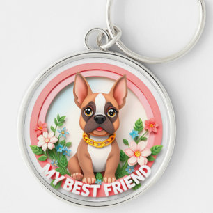 Adorable Dog Illustration With Flowers Key Ring