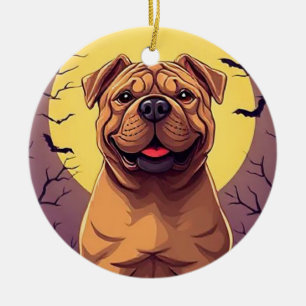 Adorable Dog in Halloween Scene with Pumpkins Ceramic Ornament