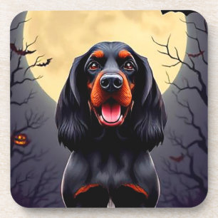 Adorable Dog in Halloween Scene with Pumpkins Coaster