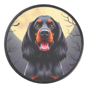 Adorable Dog in Halloween Scene with Pumpkins Hockey Puck
