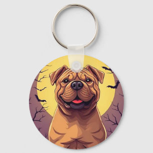 Adorable Dog in Halloween Scene with Pumpkins Key Ring