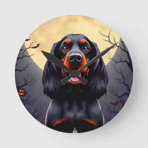 Adorable Dog in Halloween Scene with Pumpkins Round Clock