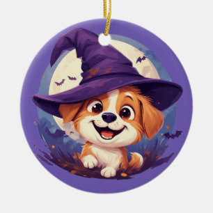 Adorable Dog in Witch Hat Ceramic Ornament