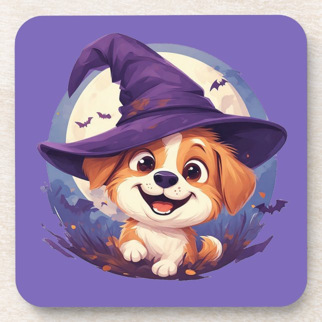 Adorable Dog in Witch Hat Coaster (Front)