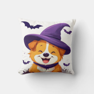 Adorable Dog in Witch Hat Cushion