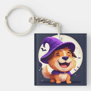Adorable Dog in Witch Hat Key Ring