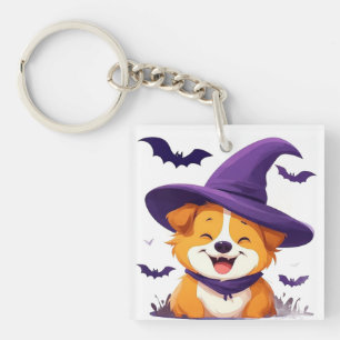 Adorable Dog in Witch Hat Key Ring