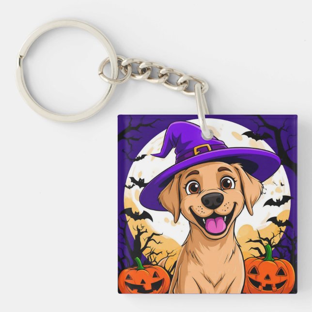 Adorable Dog in Witch Hat Key Ring (Front)