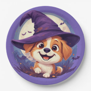 Adorable Dog in Witch Hat Paper Plate