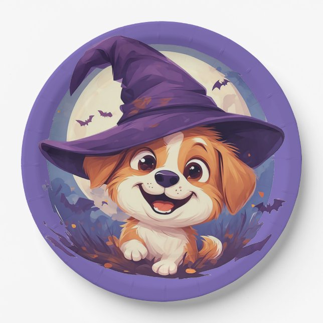 Adorable Dog in Witch Hat Paper Plate (Front)