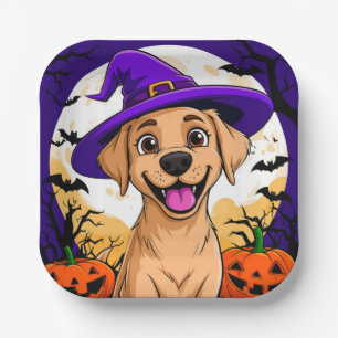 Adorable Dog in Witch Hat Paper Plate