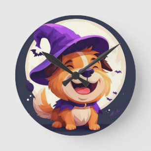 Adorable Dog in Witch Hat Round Clock